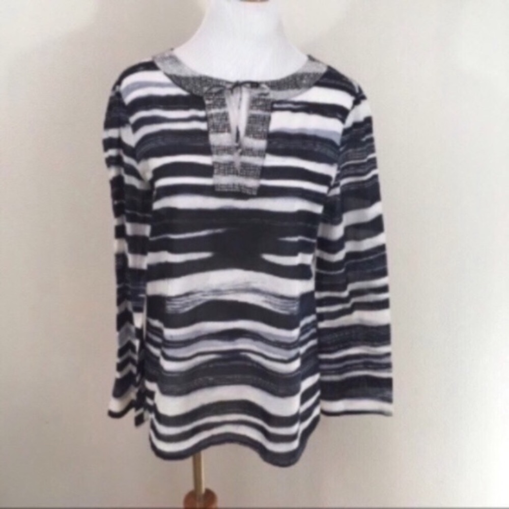 ST. JOHN Black White Voile Studded Tunic Blouse Women’s Sz Small